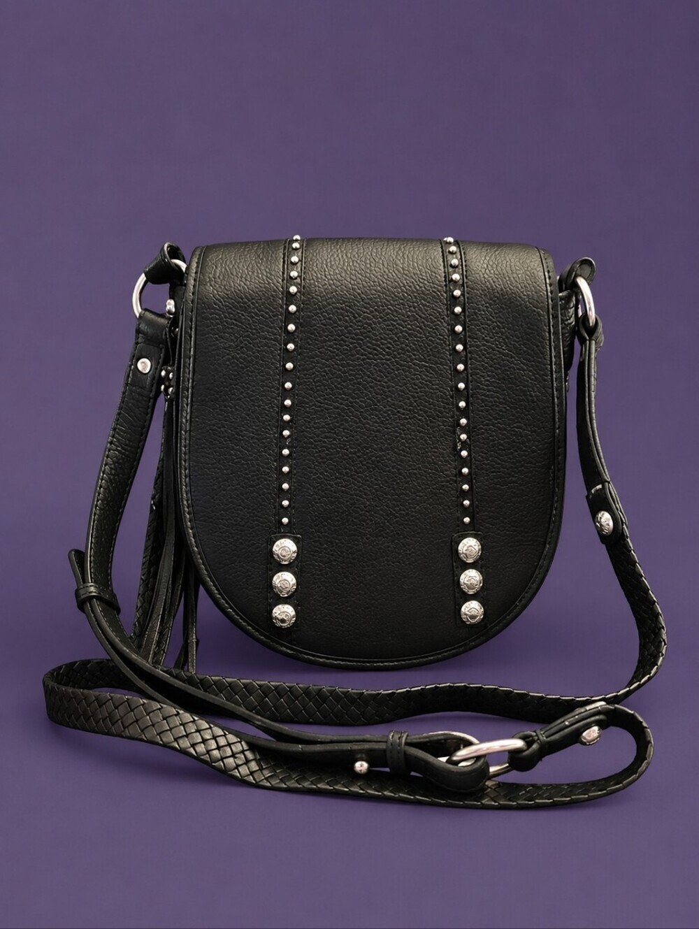 BRIGHTON Pretty Tough Black Studded Leather Saddle Braided Crossbody Bag